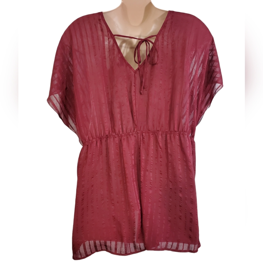 Torrid Burgundy Striped Surplice Babydoll Blouse Short Sleeve ~ New With Tags - Picture 6 of 12
